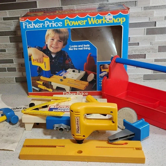 Vintage Fisher Price Power Workshop Tool Box Drill Caddy 1986 Toy With Box - Picture 6 of 11